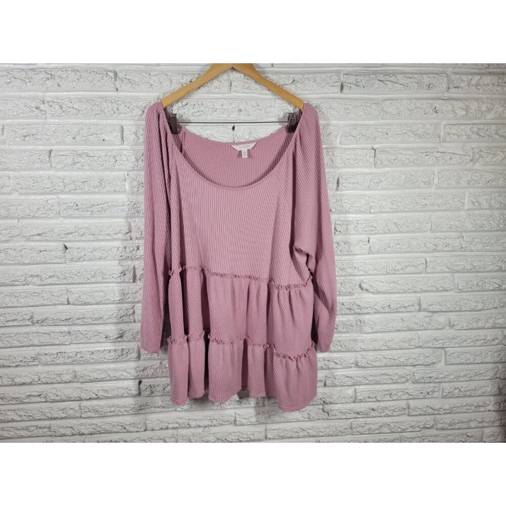LC Lauren Conrad 3X Pink Knit Sweater Long Sleeve Ruffle Accent Boat Neck PIN48E
